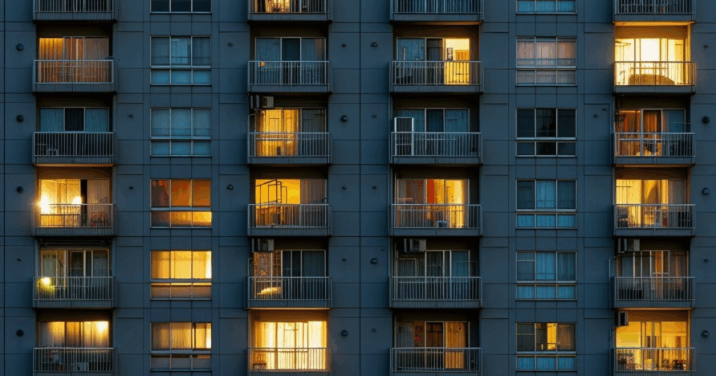 マンションの外観と各戸の灯り。管理や資産価値を考えるためのイメージ