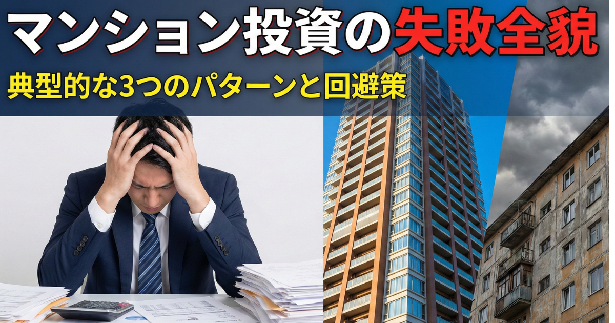 マンション投資の失敗で頭を抱える男性とマンションの写真