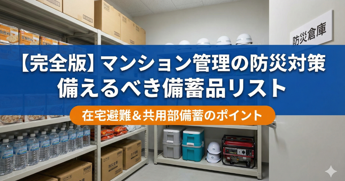 マンションの防災対策で備蓄品が並べてある写真