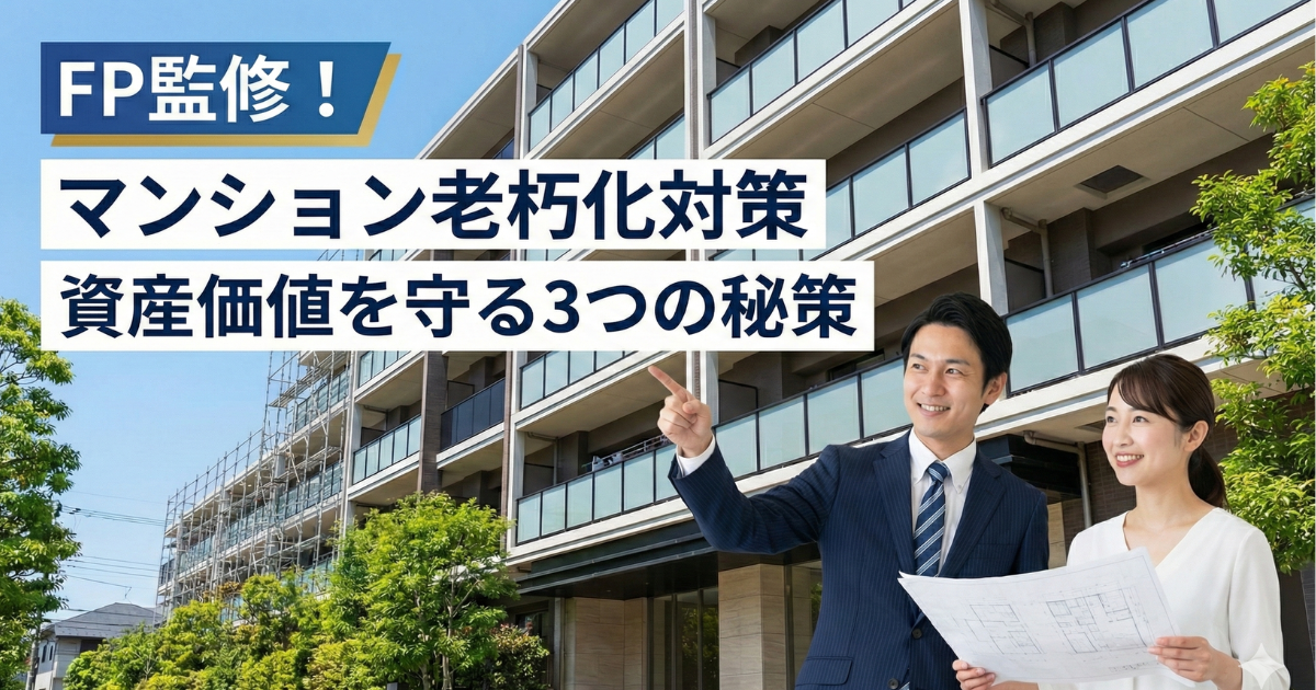 マンション老朽化対策でマンションの前で営業マン(男性)と投資家(女性)が話をしている写真