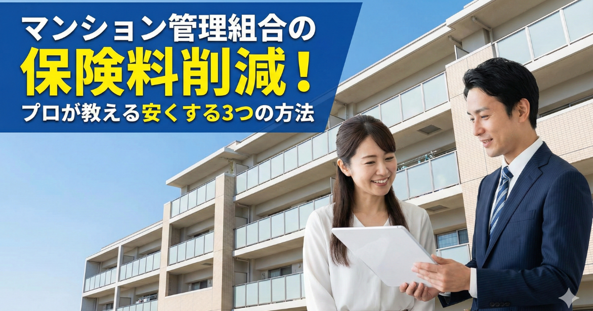 マンション管理組合の保険料削減の写真。マンション前に営業マン(男性)と投資家(女性)が商談している写真