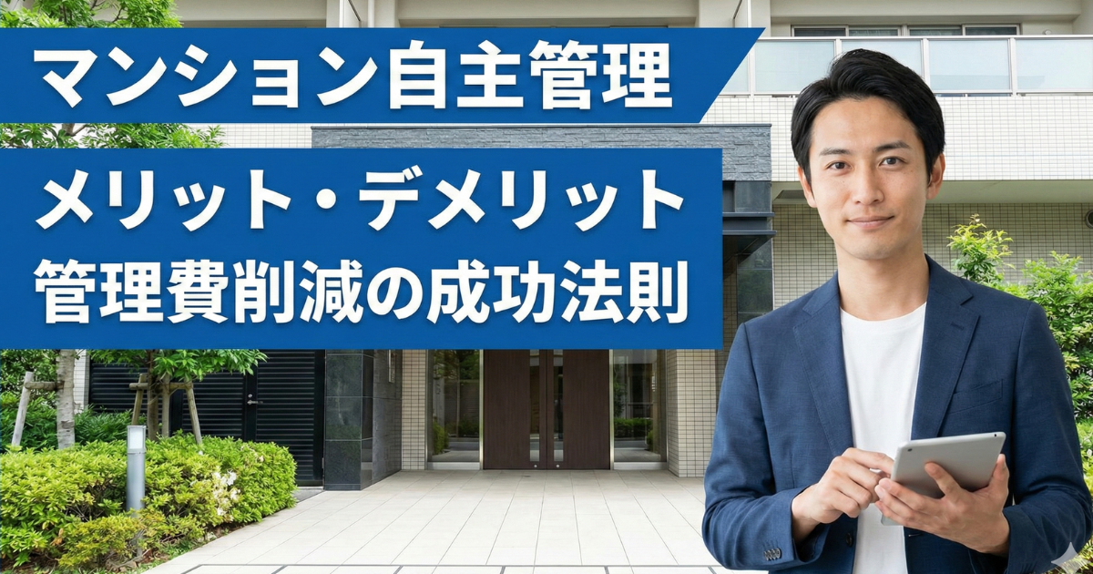 マンション自主管理のメリットデメリットで、男性がマンションの前でタブレットを持って立っている写真