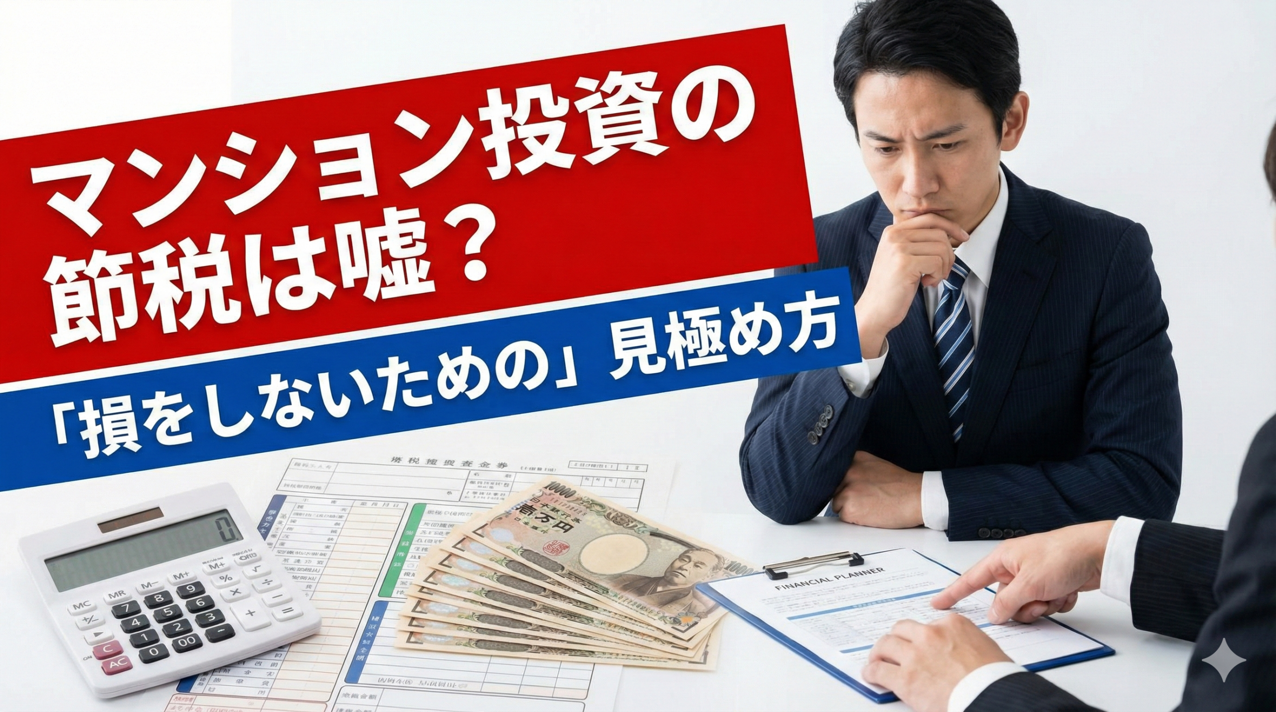 マンション投資の節税は嘘?男性が電卓や現金、プラン表をみて考える様子の写真