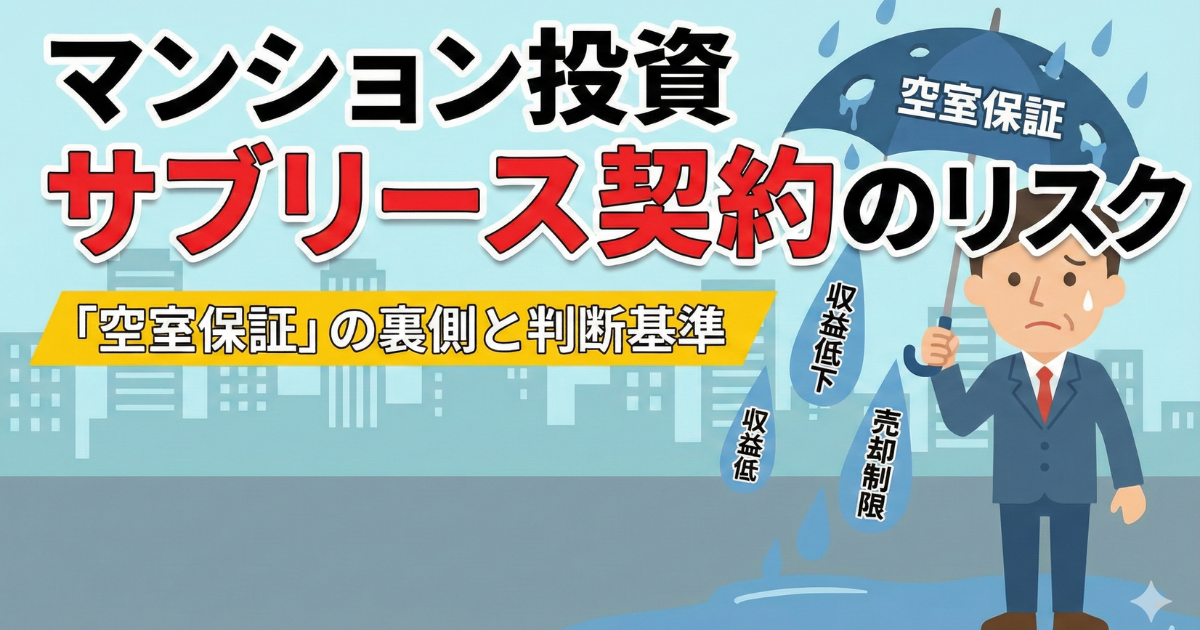 マンション投資、サブリースのリスクを会社員が傘をさしてリスクの雨をしのいでいるイラスト写真
