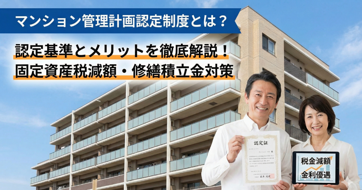 マンション管理計画認定について男性と女性がマンションの前に立って書類を見せている写真