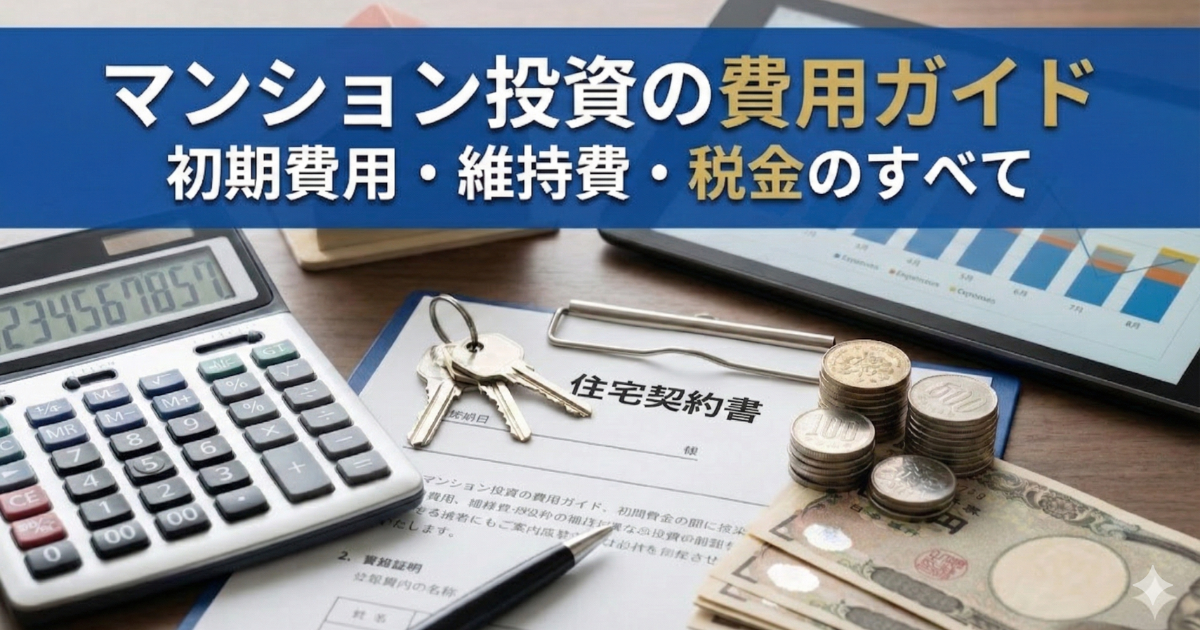マンション投資の費用ガイド。机に電卓、契約書、お金が置いてある写真