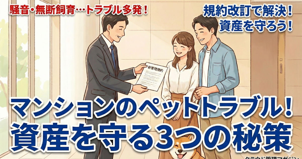 マンション管理のペットトラブルについて資産を守る規約改定を確認している様子のイラスト画像