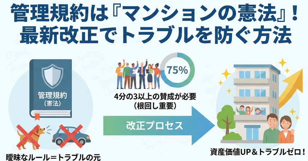 マンション管理規約は「マンションの憲法」!と記載し、イラスト図解で分かりやすくしたイラスト