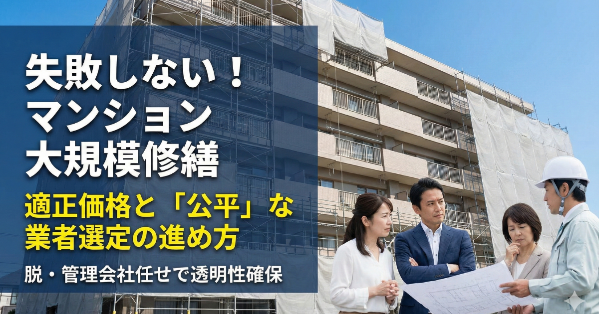 マンション大規模修繕の様子と、投資家と担当者が打ち合わせしている様子の写真
