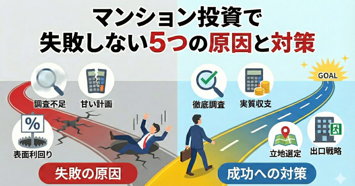 マンション投資で失敗の原因と成功への対策と別れ道になっている図解イラスト