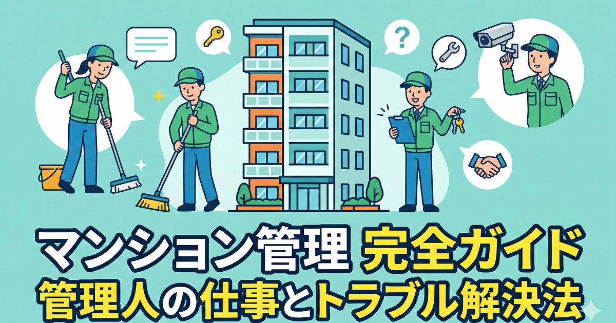 マンション管理の管理人の仕事とトラブル解決についての図解イラスト