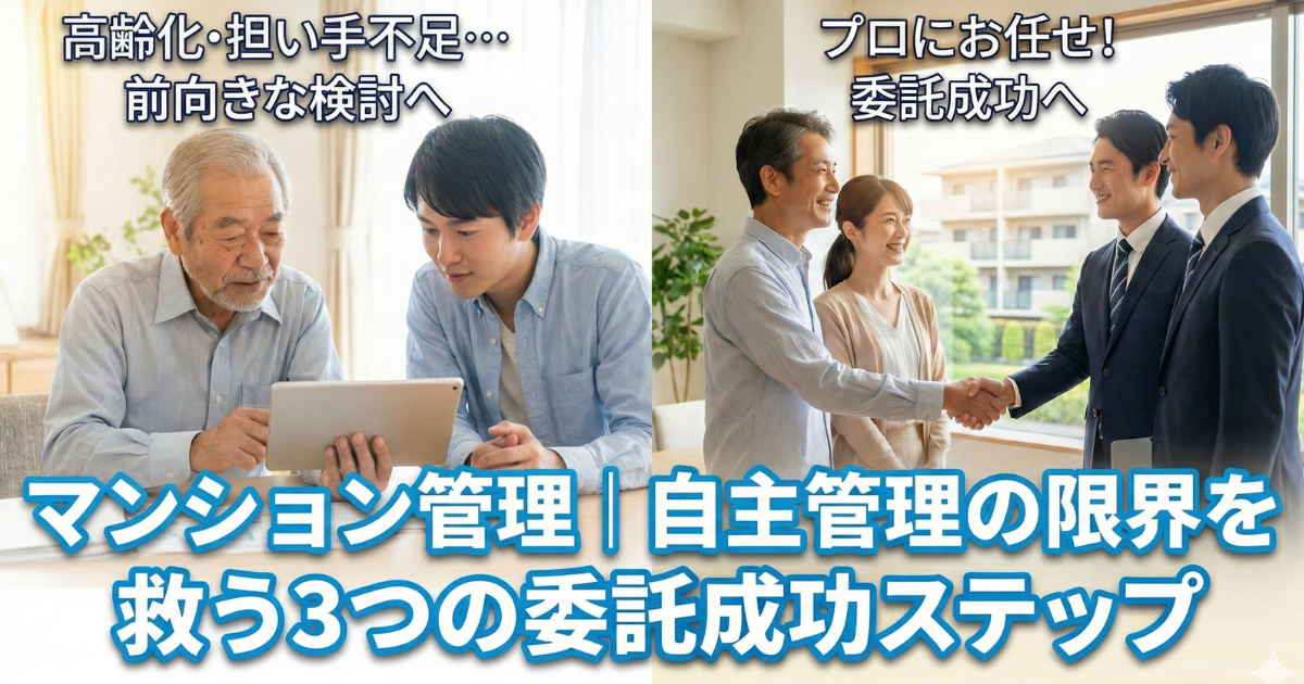 マンション管理の自主管理について、成功ステップを表している写真