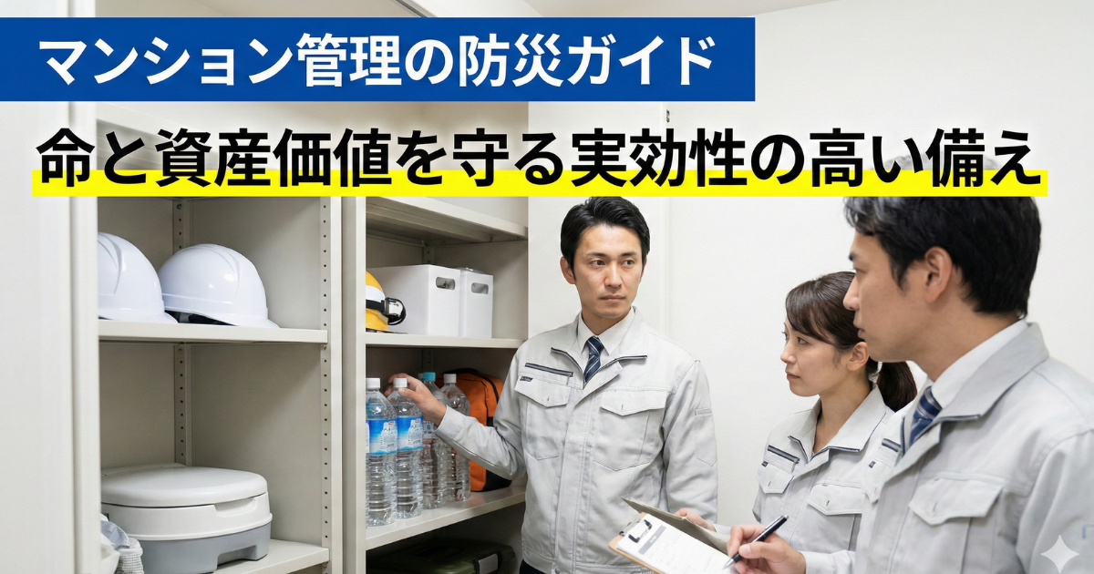 マンション管理の防災ガイドの写真。備蓄品を確認している様子の写真