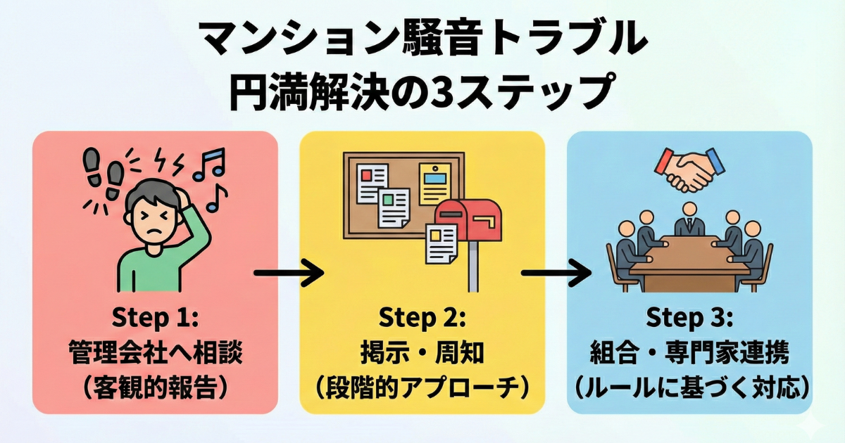 マンション騒音トラブルの解決方法の図解イラスト