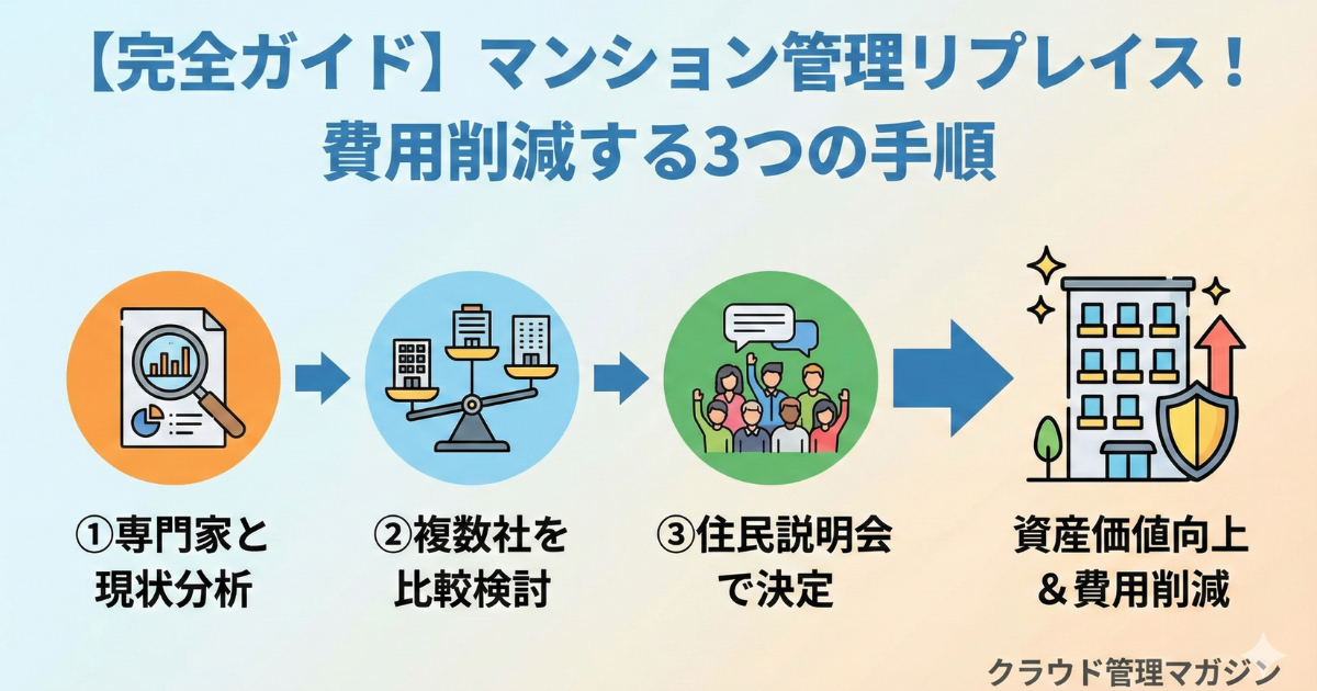 マンション管理のリプレイスについての手順を図解にしたイラスト