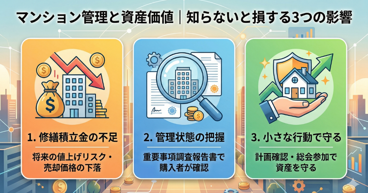 マンション管理と資産価値、知らないと損する3つの影響のイラスト図解