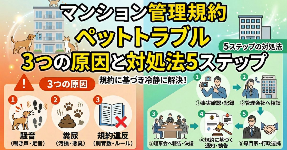 ペットトラブルの3つの原因と対処法5ステップをイラスト図解で表している