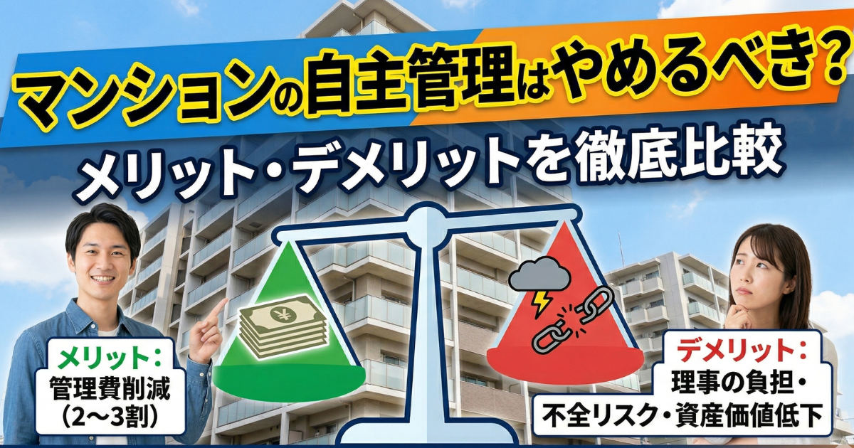 マンションの自主管理はやめるのか、メリットとデメリットを天秤も使って表した写真