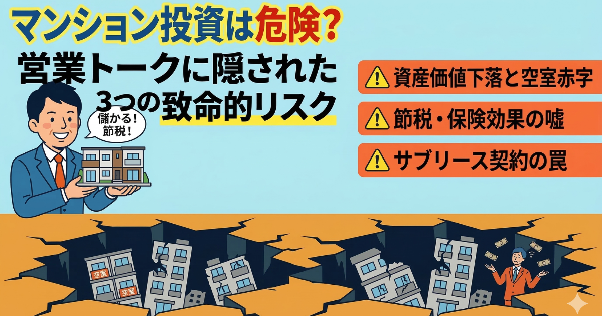 マンション投資は危険?営業トークに隠された3つの致命的リスクのイラスト図解