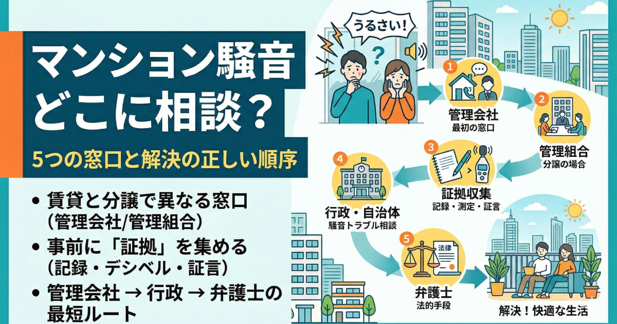 マンションの騒音はどこに相談したら良いかをイラスト図解で表している