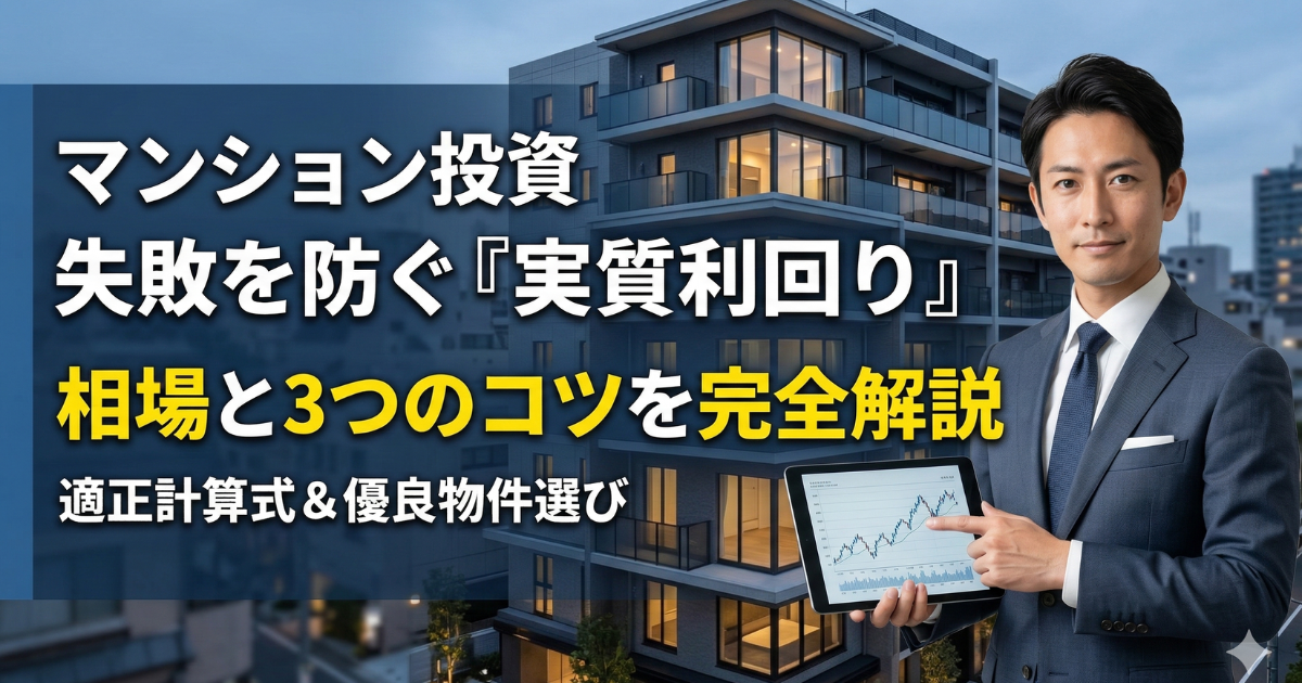マンション背景に男性がタブレットを持っている写真。 マンション投資の失敗を防ぐ「実質利回り」相場と3つのコツを完全解説