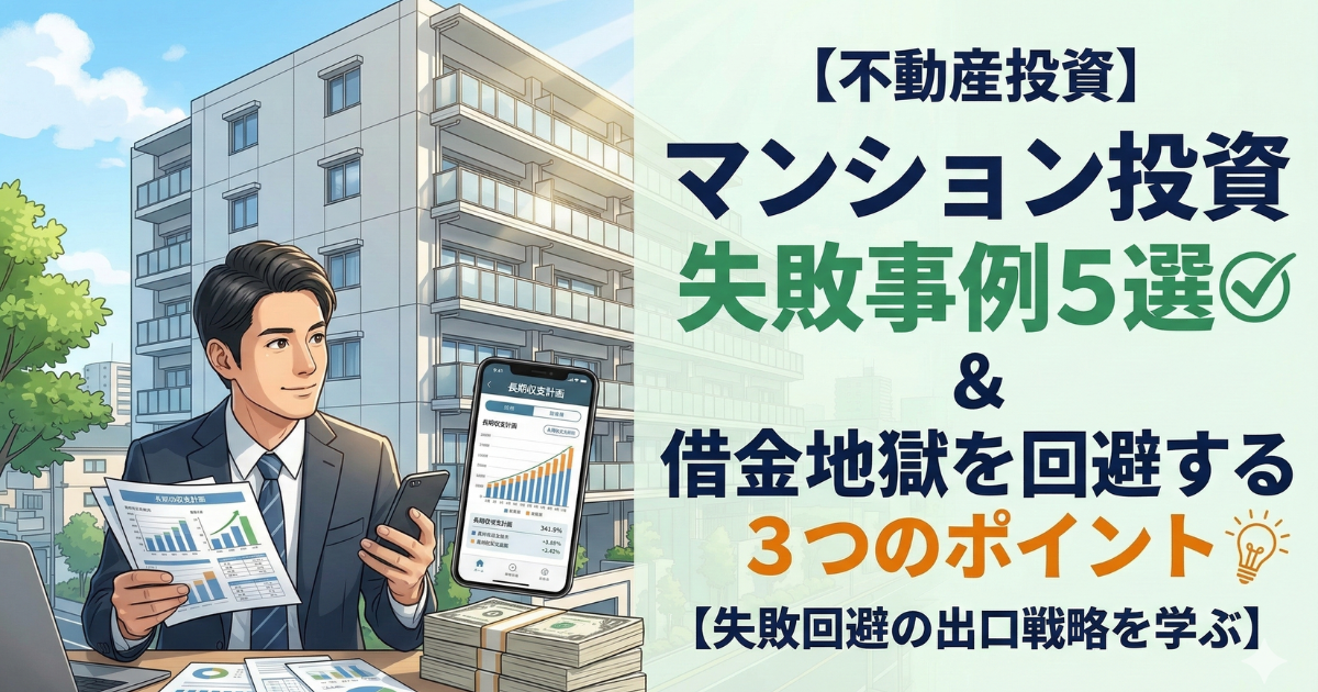 マンション投資の失敗事例と借金地獄を回避するポイントを写真風イラストで表している。 マンションを背景に男性がスマホを持ちながら考えている様子の画像