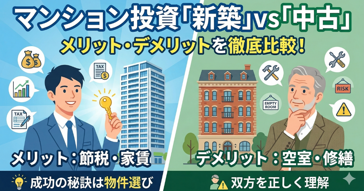 マンション投資で新築と中古のメリットデメリットについてのイラスト図解