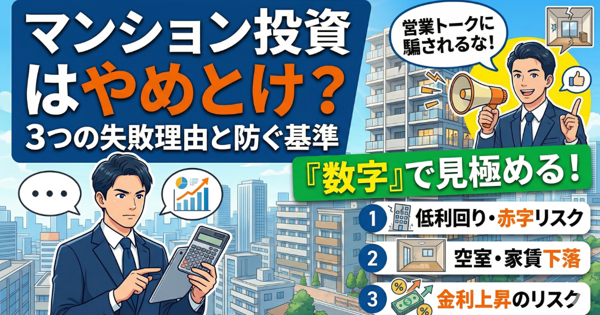 マンション投資はやめとけ？の失敗理由と防ぐ基準などがイラスト図解で書いてある画像