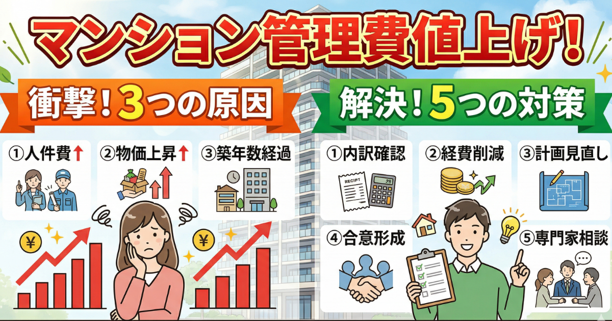 マンション管理費値上げの原因や対策のイラスト図解