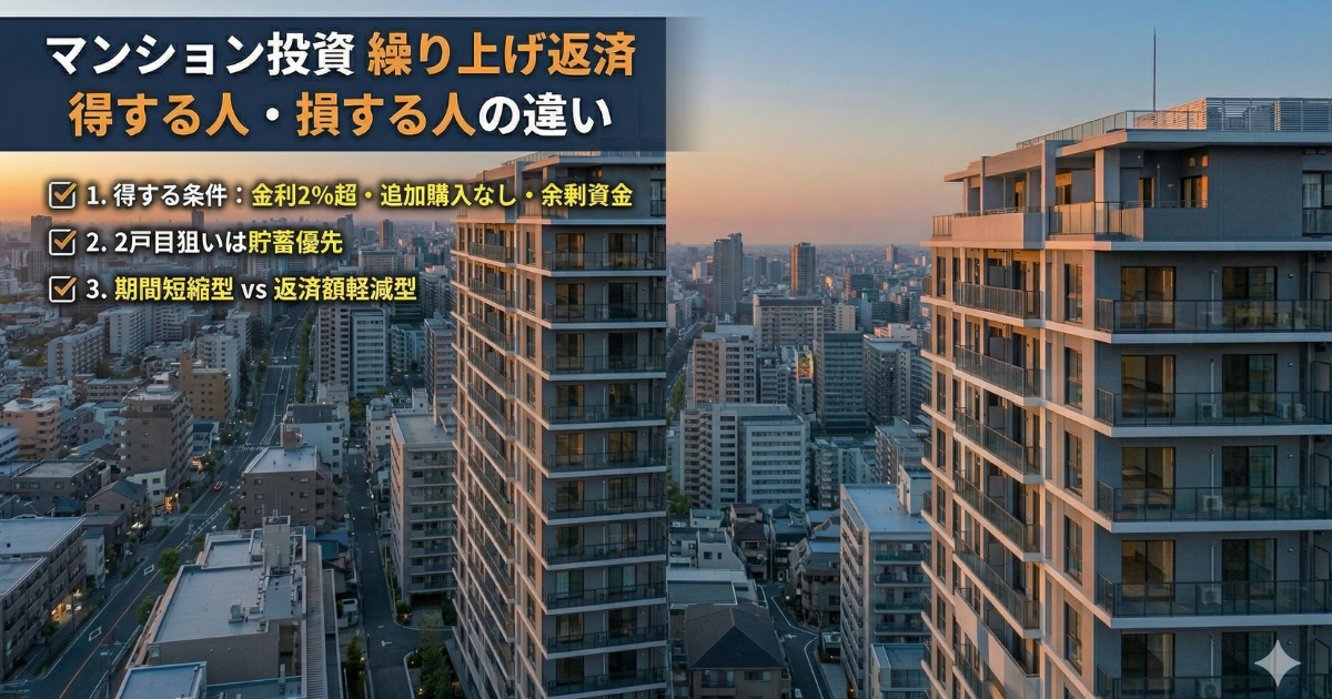 マンション投資の繰上げ返済で得する人と損する人の違いについてマンションを背景にしている写真