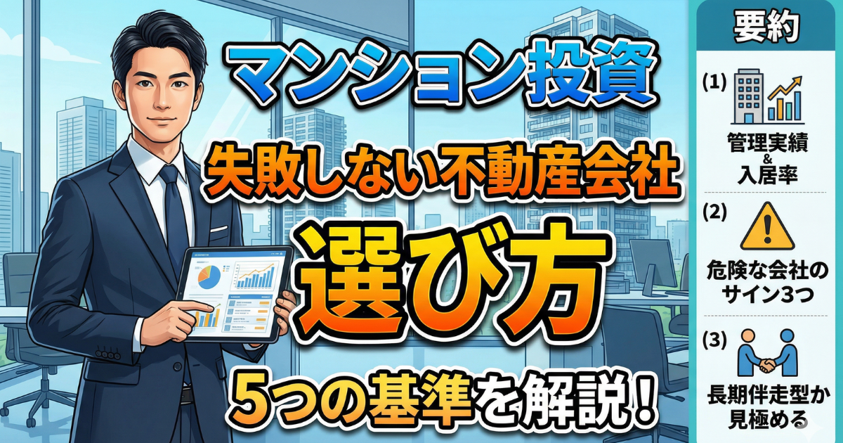 マンション投資で失敗しない不動産会社の選び方の要約が入ったイラスト画像