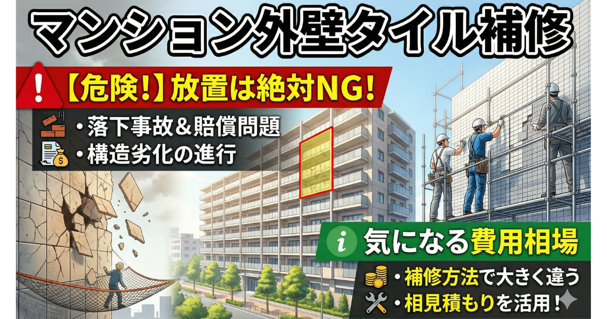 マンション外壁タイル補修を表したイラスト画像