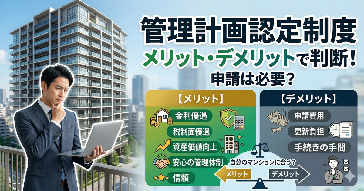 マンションの管理計画認定制度の申請は必要か、メリットデメリットをまとめたイラスト図解