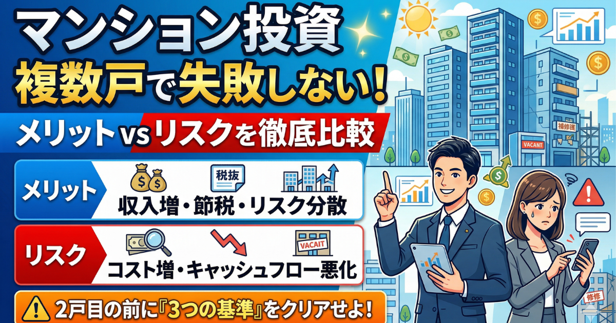 マンション投資の複数戸で失敗しないためのメリットとリスクを入れたイラスト画像