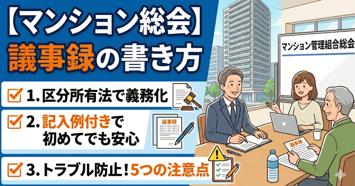 マンション総会の議事録の書き方を表しているイラスト図解