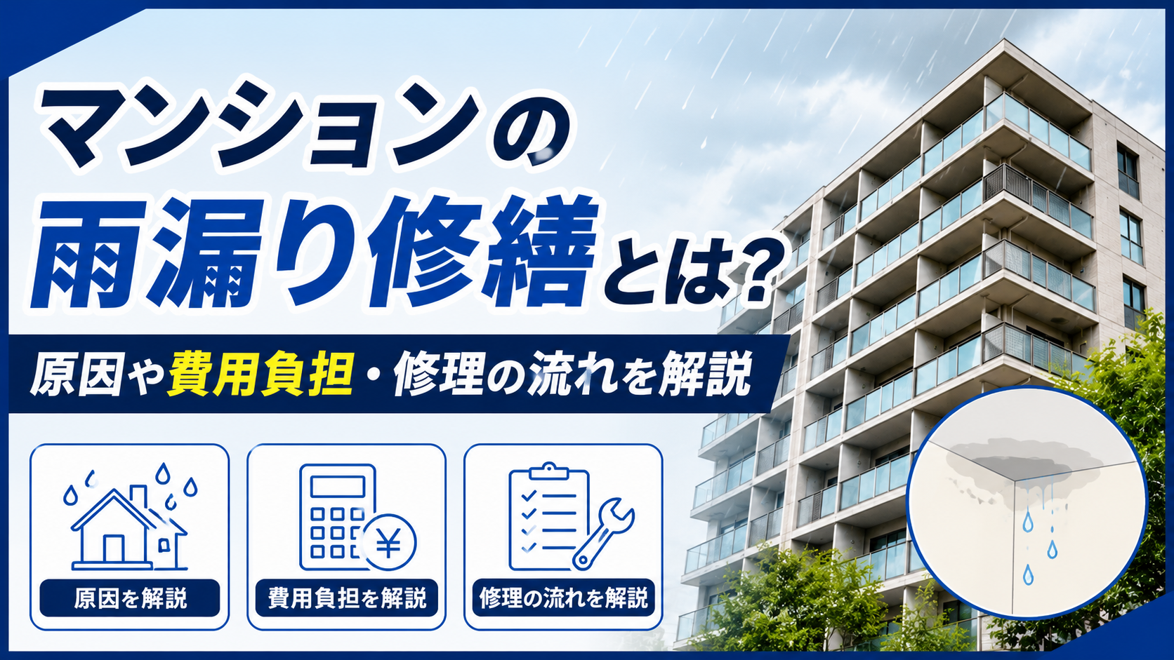 高層マンションと雨の背景に、雨漏り修繕の解説を伝える日本語の広告バナー。左下に原因・費用・修理の流れのアイコンが並ぶ。
