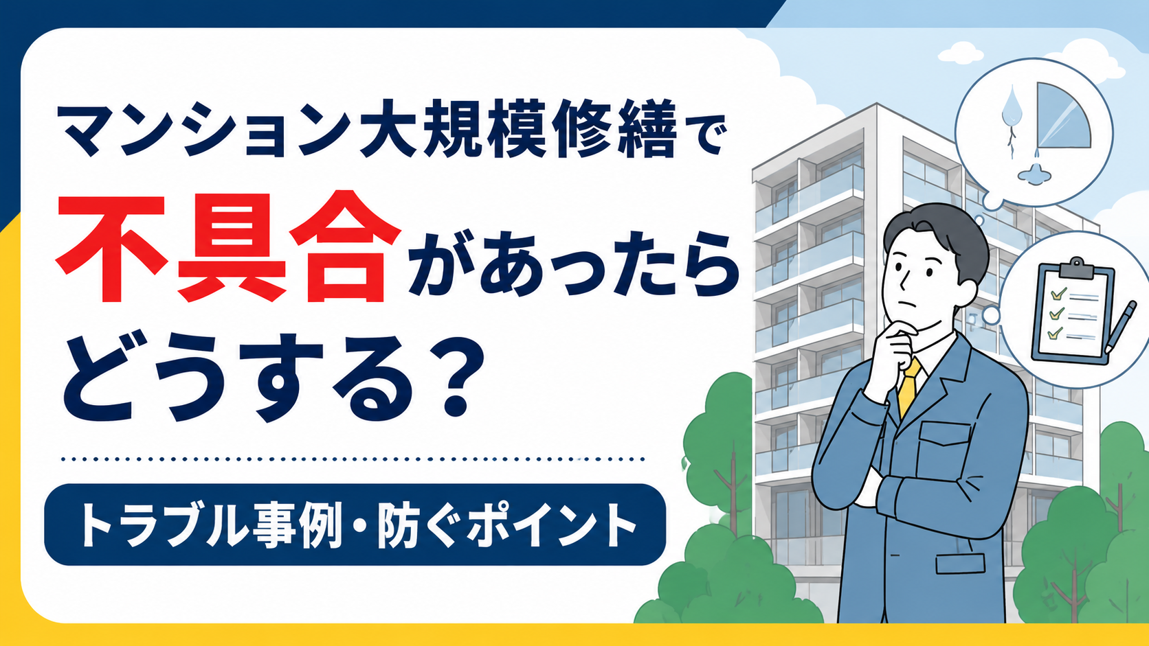 Japanese banner about what to do if defects appear in large-scale apartment renovations, with a thinking man beside a modern building and a checklist icon.