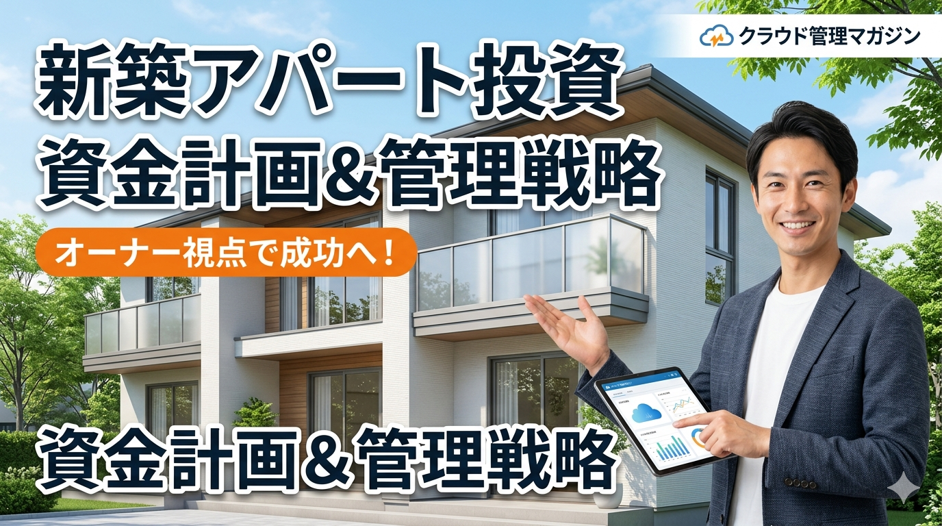 Smiling man in blazer holding a tablet in front of a modern two-story house, with bold Japanese text promoting new-build apartment investment and asset planning strategies.
