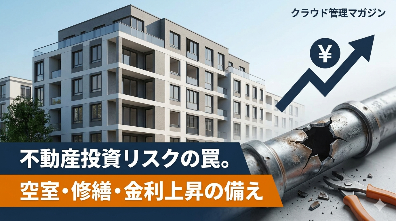 Modern apartment building with bold banners about real estate investment risks and rising costs; cracked pipe and pliers indicate repairs and maintenance.