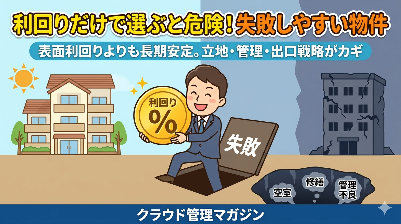 高利回りだけを狙うと失敗しやすいと伝える日本語の広告イラスト。ビジネスマンが利回りのコインを抱え、崩れたビルと空室・修繕・管理不良を示す岩が描かれている。