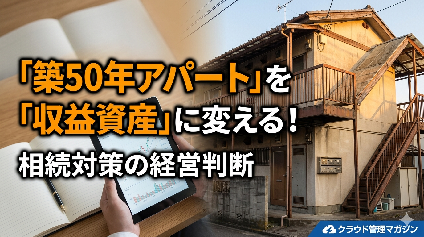 Japanese text overlay on a two-tone background: a notebook and tablet on the left, an old apartment building on the right; conveys turning a 50-year-old apartment into income assets and estate planning decisions.