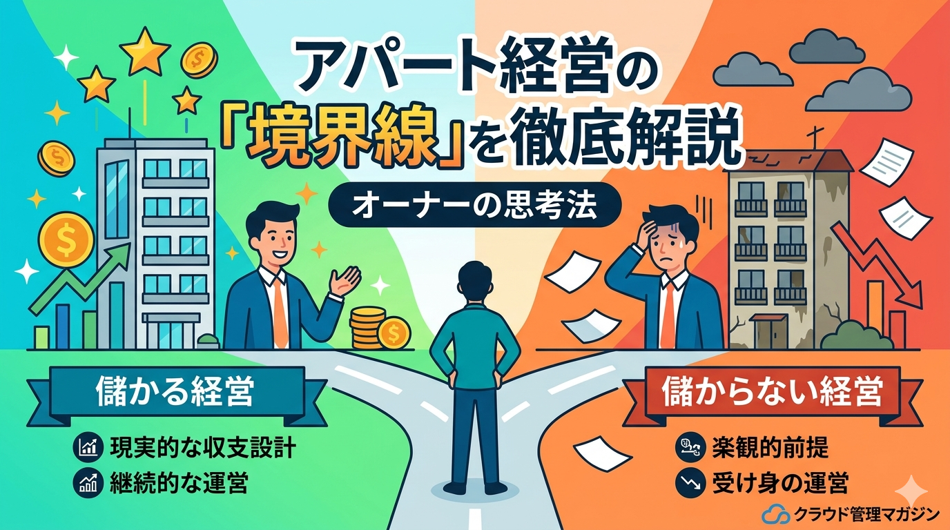 アパート経営の成功と失敗の分岐を示すイラスト。中央の人物が左右の道を選ぶ場面で、左が“儲かる経営”、右が“儲からない経営”です。