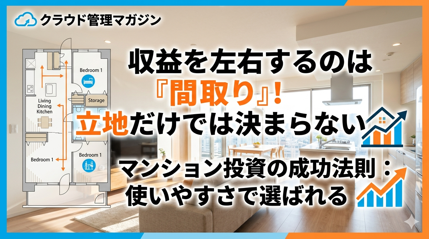 マンション投資の成功法則を伝えるヘッダー画像。左の間取り図とリビング写真、大きな日本語の見出しを含む。