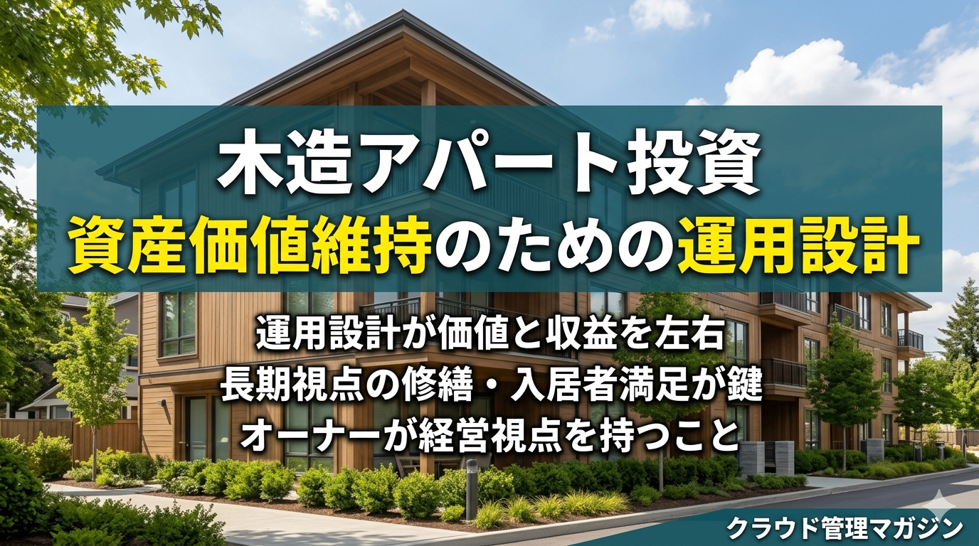 木造アパート投資の宣伝バナー。資産価値維持の運用設計と長期視点の修繕・入居者満足を強調。