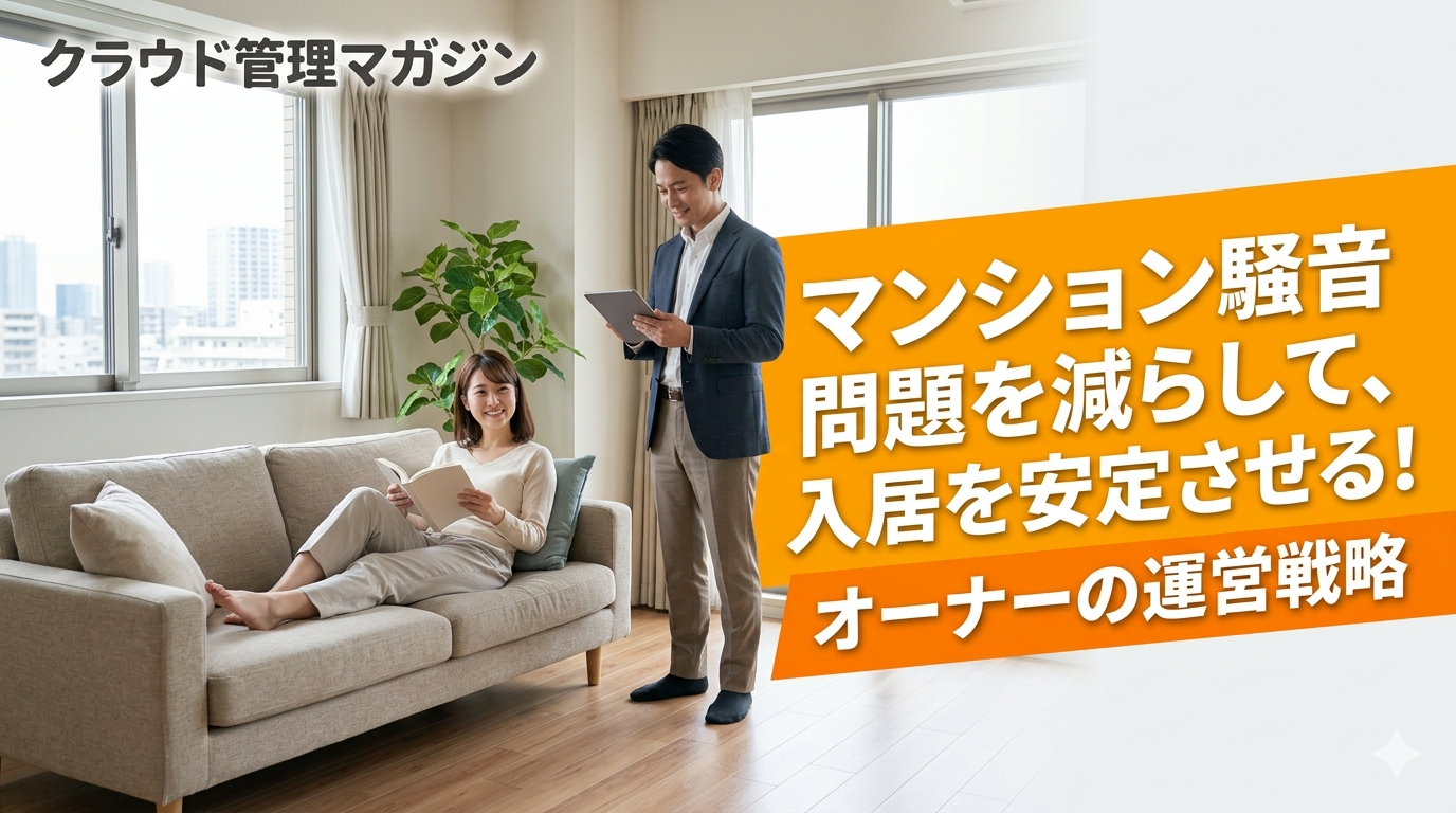 Living-room scene: a woman sits on a sofa reading a book while a man in a blazer stands with a tablet, with a bold orange banner promoting condo-noise reduction and tenant stability in Japanese text at right.