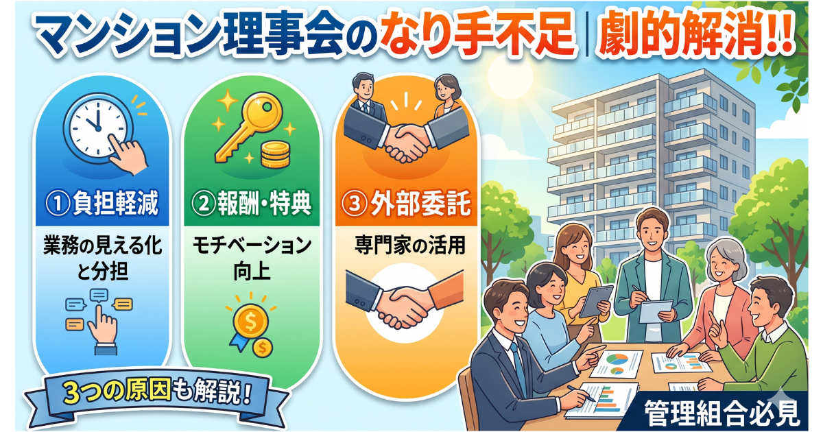 マンション理事会のなり手不足と記事で解説している内容が入ったイラスト画像
