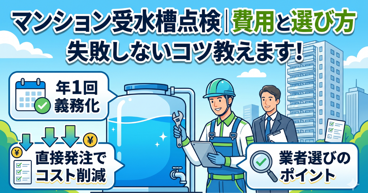 マンション受水槽点検の費用と選び方で失敗しないコツを教えます!とタイトルが書いてあり、3つのポイントを受水槽の辺りから吹き出しで書き出されているイラスト画像