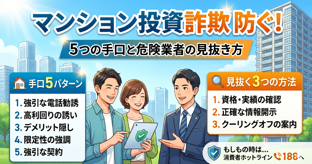 マンション投資を防ぐ!5つの手口と危険業者の見抜き方をイラスト画像で表している