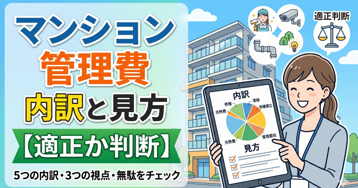 マンション管理費の内訳と見方を解説する女性がタブレットの円グラフとチェックリストを持つイラスト。背景にマンションと空がある。