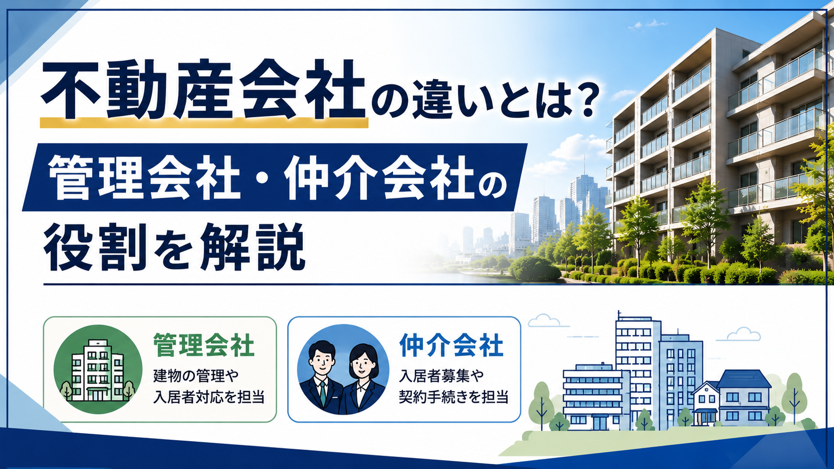 日本語ポスター: 不動産会社の違いを解説。管理会社と仲介会社の役割を図解する建物と街のイラスト。